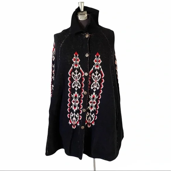 Vintage 70’s Fair Isle Poncho Cape Sturbridge By Roosevelt Black Red Knit Womens - Picture 3 of 11